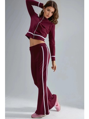 Hiccup Kadınlar Modal Dokulu Fermuarlı Sweatshirt Ve İspanyol Paça Pantolon İkili Takım Berşan Collection Bordo Kırmızı
