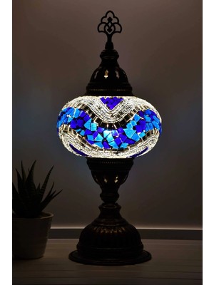 Bazaria Design El Yapımı Mozaik Masa Lambası Yıldız Desenli Camlı Pirinç Gövdeli Dekoratif Abajur E14 Duy Otantik Gece Lambası