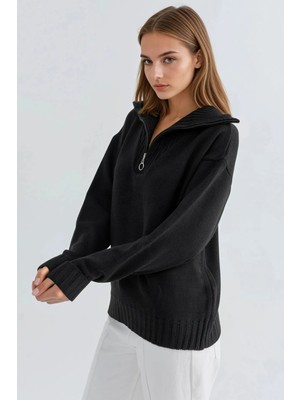 Hiccup Kadın My Fashıon Fermuarlı Yaka Oversize Triko Kazak Siyah