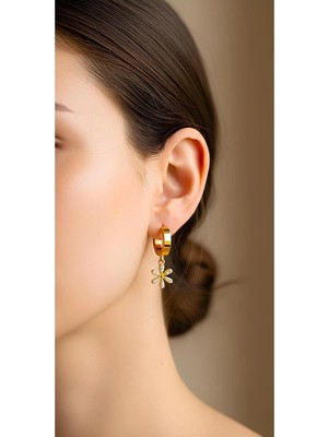 Bontexs Zirkon Taşlı Yonca Yaprak Figürlü Sallantılı Şık Tasarım Küpe