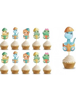 Deha Parti Sevimli Dino Temalı Konsept Kürdanlı Cupcake Süsü Doğum Günü Süsü 10 Adet