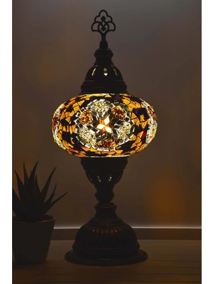Bazaria Design El Yapımı Mozaik Masa Lambası Yıldız Desenli Camlı Pirinç Gövdeli Dekoratif Abajur E14 Duy Otantik Gece Lambası