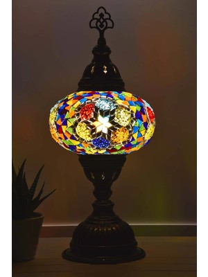 Bazaria Design El Yapımı Mozaik Masa Lambası Yıldız Desenli Camlı Pirinç Gövdeli Dekoratif Abajur E14 Duy Otantik Gece Lambası