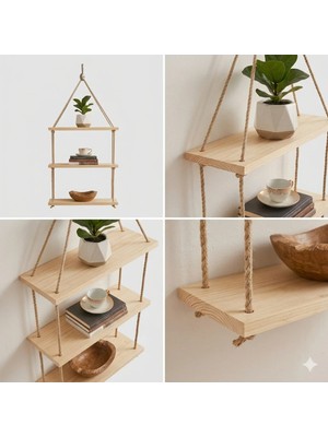 Dekoratif 3 Katlı Jüt Halatlı Masif Ahşap Duvar Rafı - Modern Kitaplık ve Saksılık - Boho Tasarım