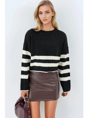 Hiccup Kadın My Fashıon Bisiklet Yaka Çizgili Triko Kazak Siyah