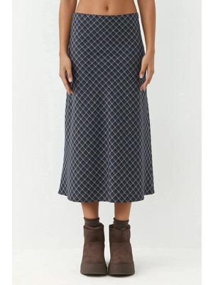Hiccup Kadın Fermuarlı Midi A-Form Kesim Ekose Etek Lacivert