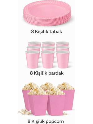 Deha Parti Karton Pembe 8er Adet Renkli Tabak Bardak Popcorn Set Doğum Günü