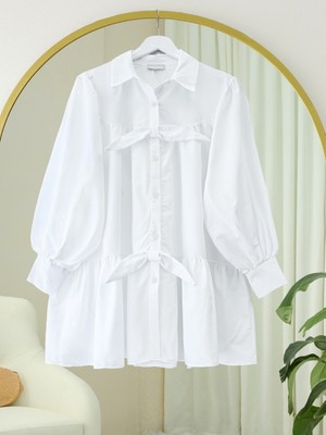 Modamorfo Önü Düğmeli Kurdela Detaylı Salaş Gömlek -Beyaz