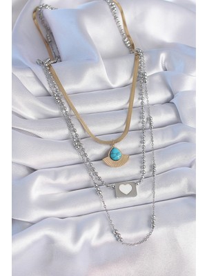 Esranın Dünyası 316L Çelik Mix Renk 3'lü Zincir Damla Madalyon Figür Uzun Kadın Kolye - Lisinya