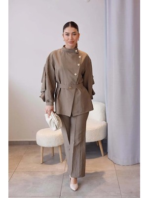 Elzem Boutique Vizon Pelerin Detaylı Gold Düğmeli Takım