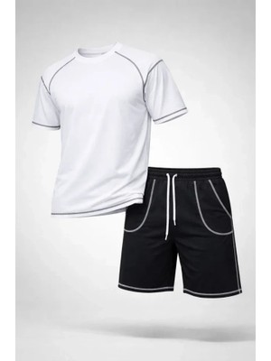 Secret Sita Erkek Por Tişört Şort Takım Kontrast Dikiş Detaylı Ovarsize Rahat Kalıp  Beyaz