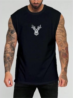 Punix Punıx Büyük Beden Özel Tasarım Art Geyik Baskılı Ter Tutmayan Yeni Stil Yazlık Erkek Battal Kolsuz T-Shırt