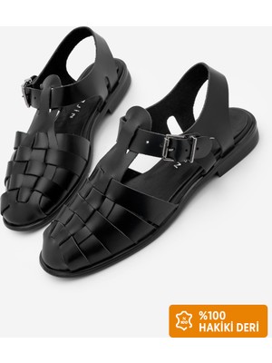 Marjin Kadın Hakiki Deri Bilekten Bantlı Tokalı Önü Kapalı Şeritli Günlük Sandalet Talviro Siyah