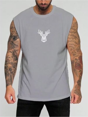 Punix Punıx Büyük Beden Özel Tasarım Art Geyik Baskılı Ter Tutmayan Yeni Stil Yazlık Erkek Battal Kolsuz T-Shırt