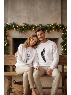 Secret Sita Evgililer Günü Özel Bisiklet Yaka Aslan Baskılı Oversize Weatshirt  Beyaz