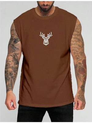 Punix Punıx Büyük Beden Özel Tasarım Art Geyik Baskılı Ter Tutmayan Yeni Stil Yazlık Erkek Battal Kolsuz T-Shırt