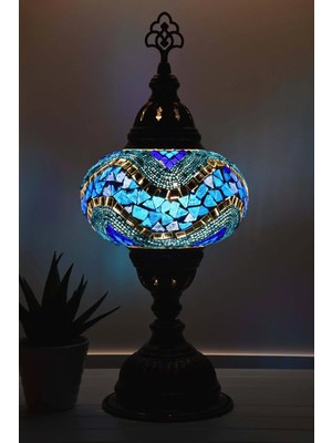 Bazaria Design El Yapımı Mozaik Masa Lambası Yıldız Desenli Camlı Pirinç Gövdeli Dekoratif Abajur E14 Duy Otantik Gece Lambası