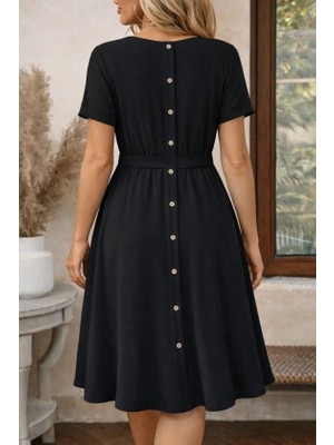 Secret Sita Kadın Kısa Kollu Yuvarlak Yaka Arkadan Düğmeli Viskon Midi Elbise