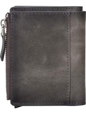 Deri Cüzdan ve Kartlık, Mekanizmalı, 10 Adet Kart Bölmeli, Efektli Gri