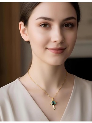 Bontexs Sarı Zincirli Zirkon Taşlı Anahtar Kolye Sevgiliye Özel Hediye