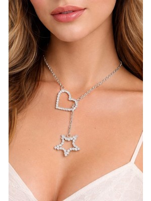 KLC Takı Rodyum Kaplama Model Kalp ve Yıldız Zirkon Taşlı Kolye