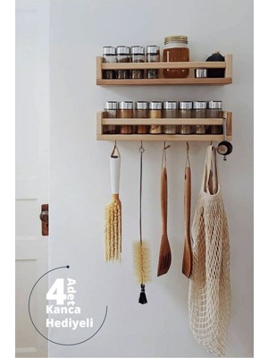Moola 2’li Ahşap Çok Amaçlı Mutfak Duvar Rafı – Baharatlık, Bardaklık, Kupa Askılı, 4 Kancalı Organizer