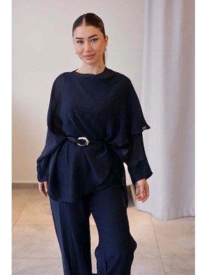 Elzem Boutique Lacivert Şal Detaylı Pantolon Bluz Takım
