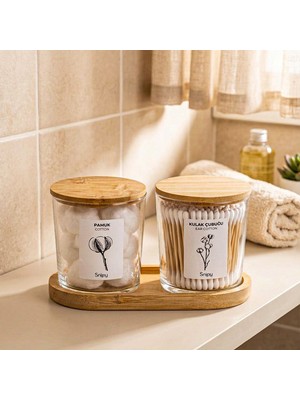 Snippy Bamio - Bambu Standlı Bambu Kapaklı Etiketli Banyo Düzenleyici Cam Banyo Seti Banyo Organizeri