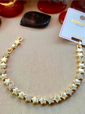 Bontexs Kadın Bileklik Kararmaz 14K Altın Renk Vip Seri Ithal Sıralı Düz Zirkon Star Bileklik