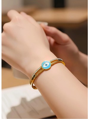 Bontexs Kadın Turkuaz Nazarlı  Kararmaz, Zirkon Taşlı Çelik Kelepçe