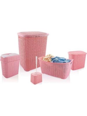 Kocadal 5 Parça Örgü Desenli Plastik Banyo Seti Çamaşır Sepeti Deterjanlık Klik Çöp Kovası Klozet