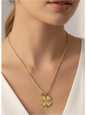 Bontexs Yonca Figürlü Nazar Boncuklu Parlak Paslanmaz Çelik Kolye