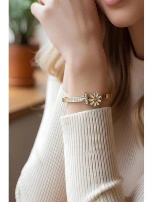 Bontexs Kelepçe Bileklik Zirkon Taşlı Papatya Figürlü Şık Tasarım Kararmaz Paslanmaz Çelik