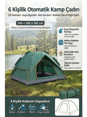 Plentiful 6 Kişilik Otomatik Kamp Çadırı – Çift Katmanlı, Suya Dayanıklı, Hızlı Kurulum Outdoor Aile V