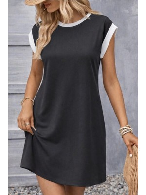 Secret Sita Kadın Kısa Kollu Yuvarlak Yakalı Kontrast Manset Detaylı Kısa Janjan Krep Elbise
