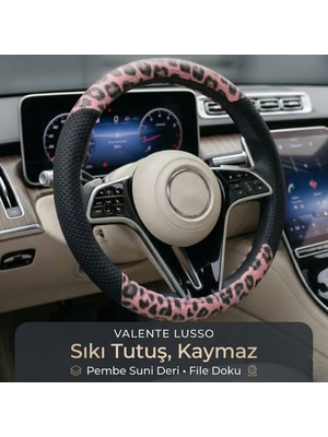 Valente Lusso Geçmeli Direksiyon Kılıfı Rosa Leopar 38-40 Cm. %100 Yerli Üretim.