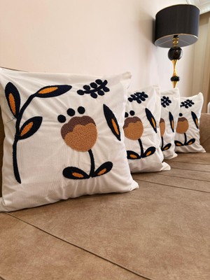 Punch Nakışlı Modern Çiçek Desenli 4’lü Dekoratif Kırlent Kılıfı