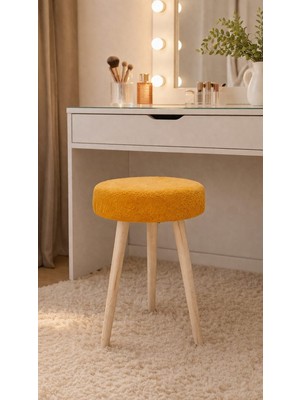Mervish Decor Ahşap Ayaklı Yuvarlak Puf Tabure Makyaj Masası Önü