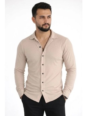 Secret Sita Erkek Waffle Kumaş Uzun Kollu Düğmeli Açık Yaka Regular Fit Gömlek  Bej