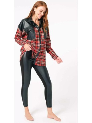 Esranın Dünyası Pamuklu Ekose Çıtçıtlı Uzun Kol Cepli Gömlek ve Deri Görünümlü Tayt Takımı RSBER34-ESRDN