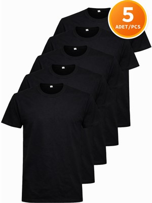 Hanclo Erkek Siyah Tişört 5’li Paket Basic Pamuk Bisiklet Yaka Kısa Kollu T-Shirt