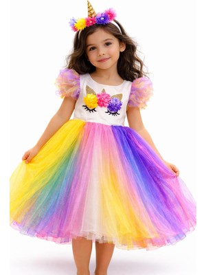 Kız Çocuk Unicorn Doğum Günü Elbisesi + Taç Hediyeli Kabarık Tül Prenses Parti Elbise