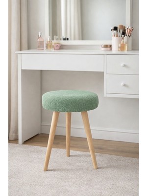 Mervish Decor Ahşap Ayaklı Yuvarlak Puf Tabure Makyaj Masası Önü
