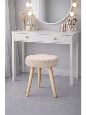 Mervish Decor Ahşap Ayaklı Yuvarlak Puf Tabure Makyaj Masası Önü