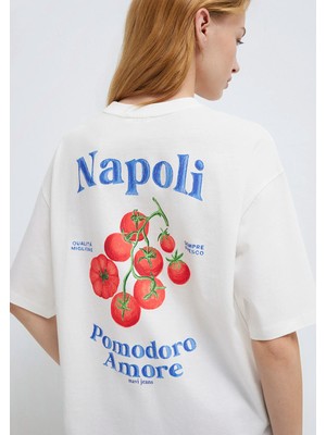 Mavi Napoli Baskılı Ekru Tişört 1614013-70057