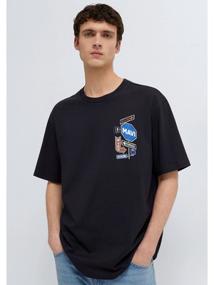 Mavi İşaret Levhası Baskılı Siyah Tişört 0613391-900