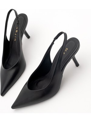 Marjin Kadın Stiletto Sivri Burun Arkası Açık Atkılı Kısa Klasik Topuklu Ayakkabı Dorve Siyah