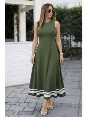 Secret Sita Kadın Askılı Yuvarlak Yakalı Etek Ucu Şerit Detaylı Uzun Viskon Elbise