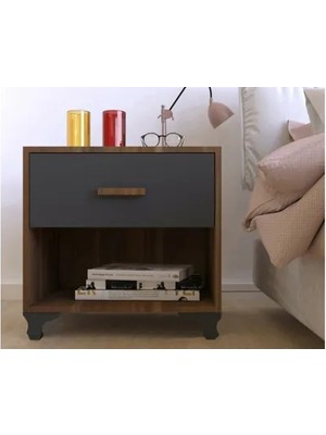 Vivense Metalia Komodin, Tek Çekmeceli, Ceviz Antrasit Gri