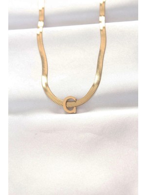 Mey İthalat Mey Ithalat® 316L Çelik C Harfli Gold Renk Italyan Zincirli Kolye